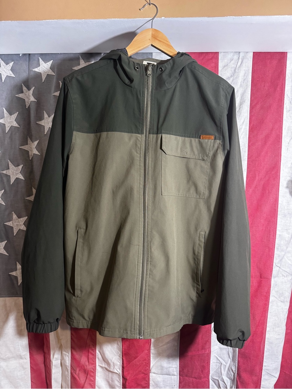 Men's Two-Tone Olive Hooded Windbreaker Jacket